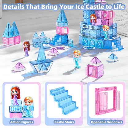 Magnetic tiles princess castle building set with dolls, stairs, and snowflake tiles for STEM play