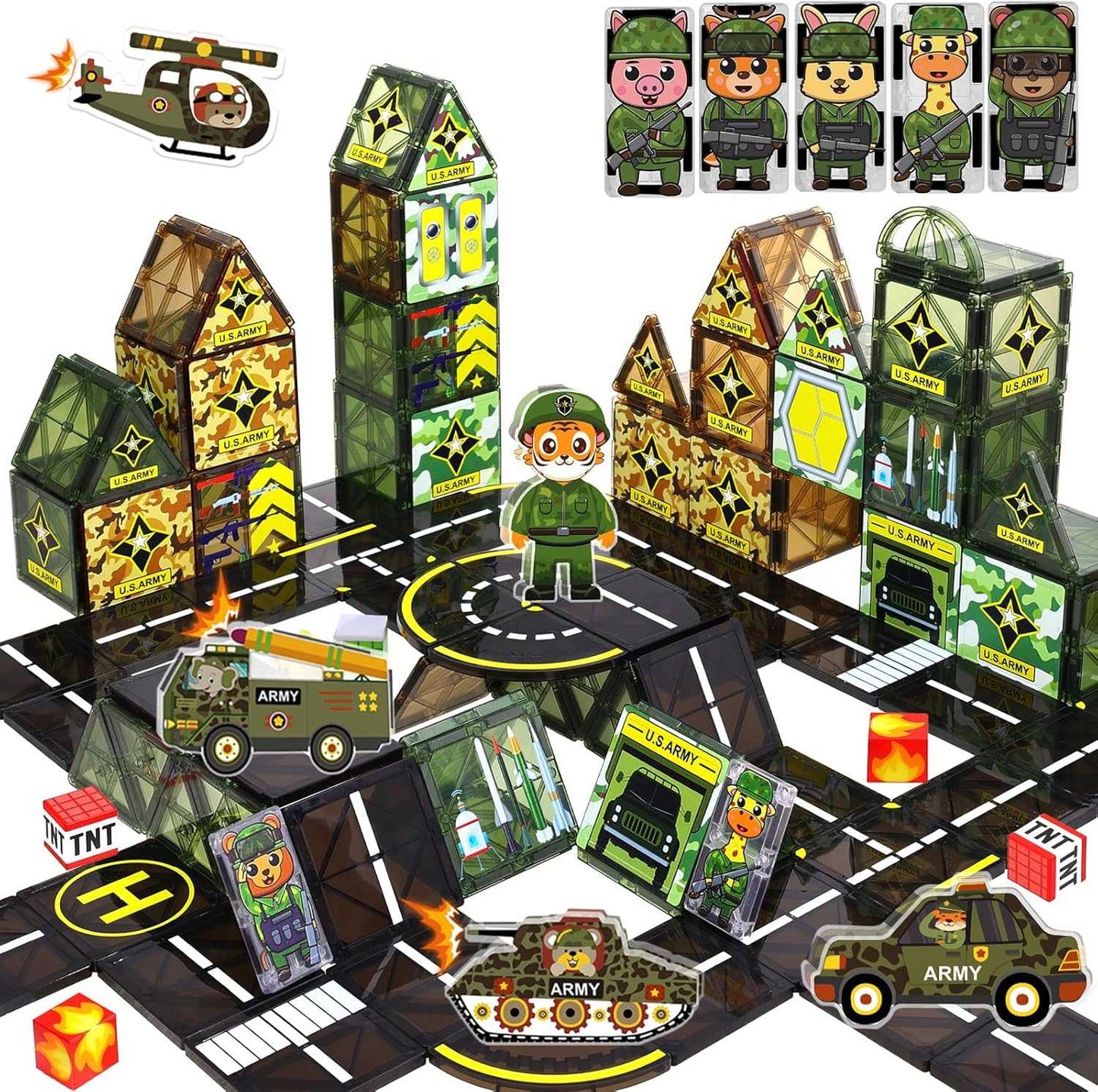 Children playing with Military Magnetic Tiles building police and military-themed structures with vehicles and figures