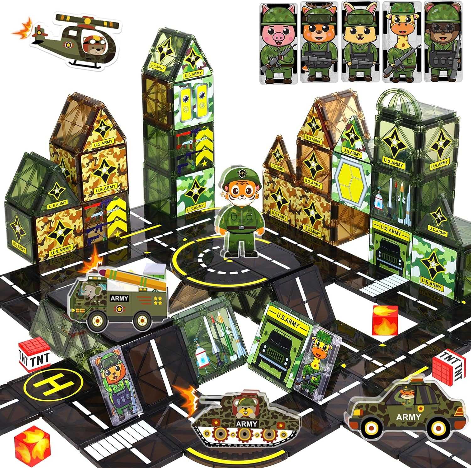 Children playing with Military Magnetic Tiles building police and military-themed structures with vehicles and figures