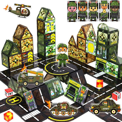 Children playing with Military Magnetic Tiles building police and military-themed structures with vehicles and figures