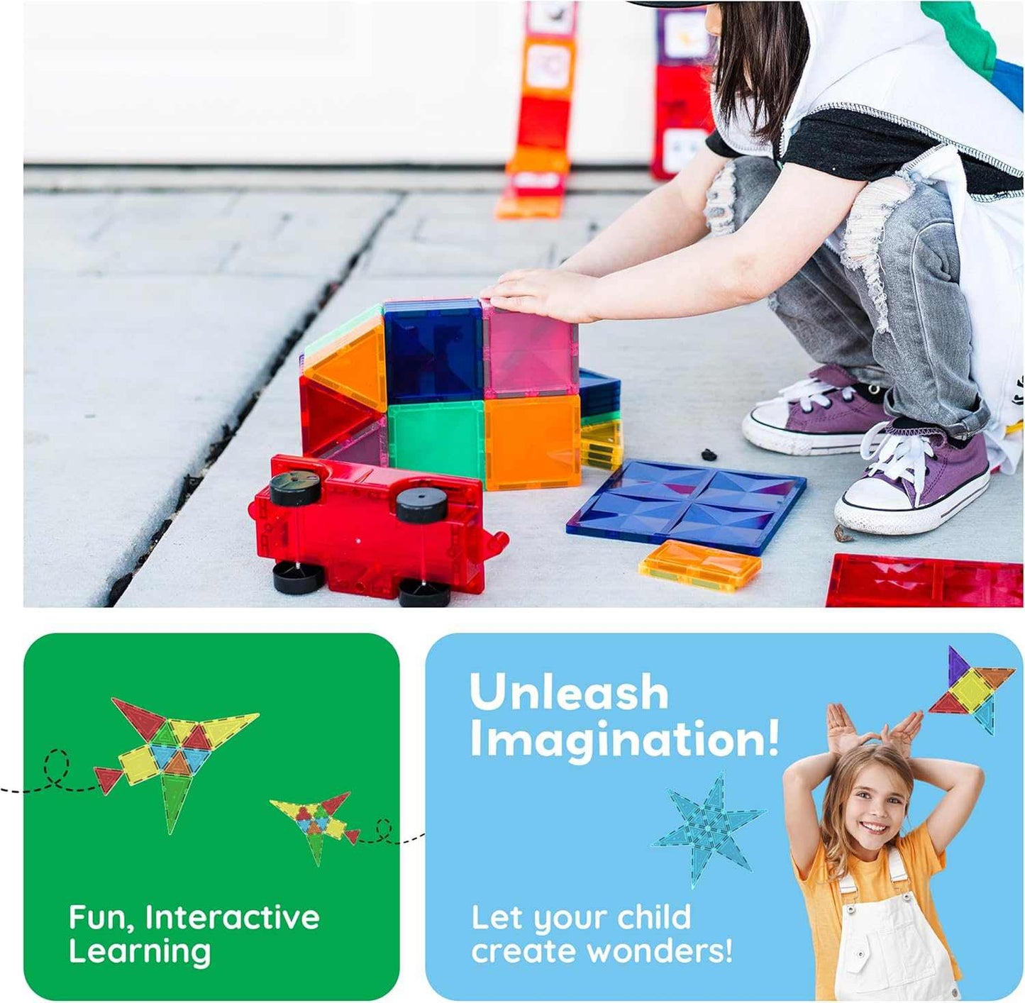 Child playing with Magnetic Building Tiles for Kids STEM educational construction set fostering creativity and learning
