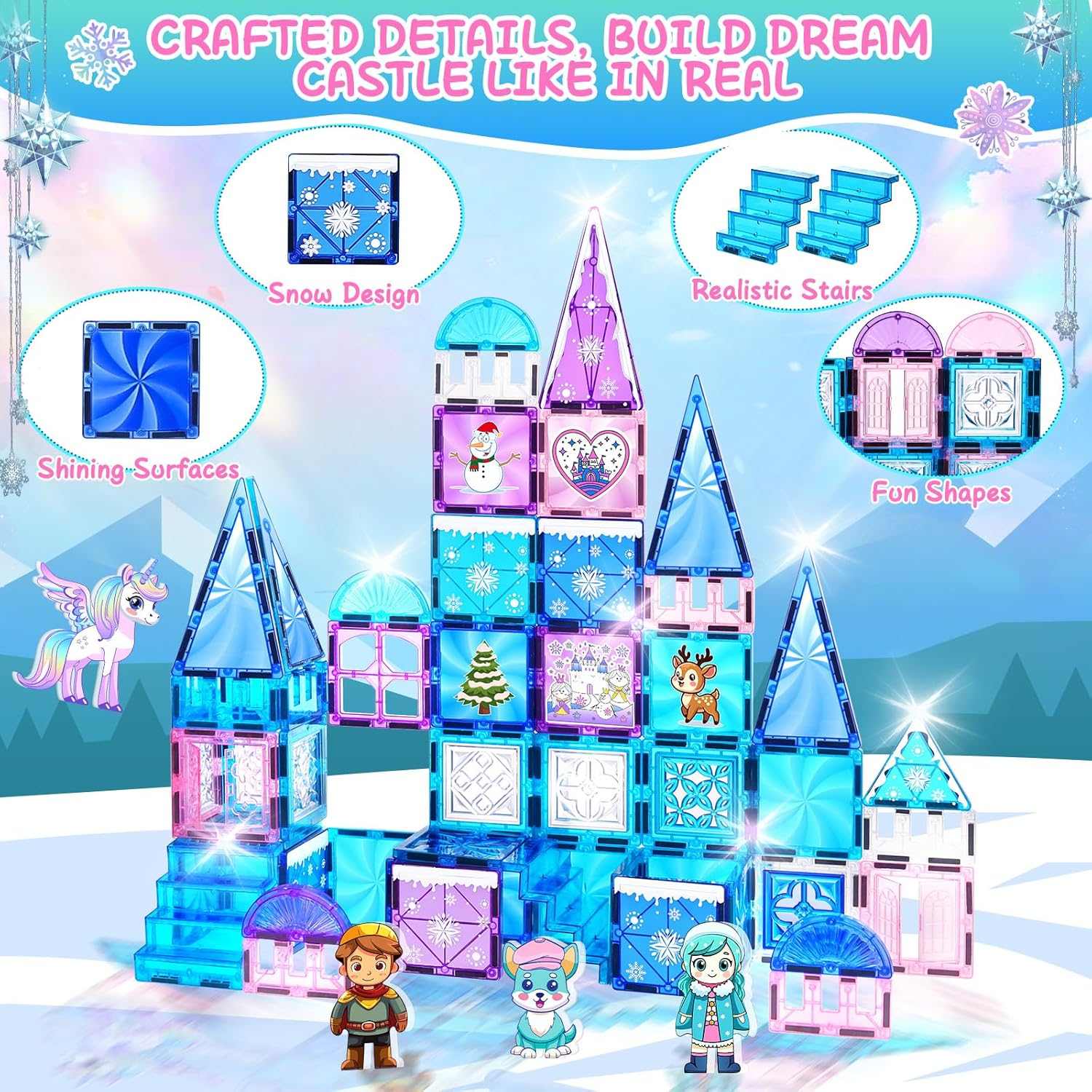 Magnetic Tiles Frozen Unicorn Castle STEM creative building set with colorful magnetic tiles and dolls