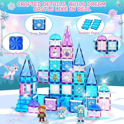Magnetic Tiles Frozen Unicorn Castle STEM creative building set with colorful magnetic tiles and dolls