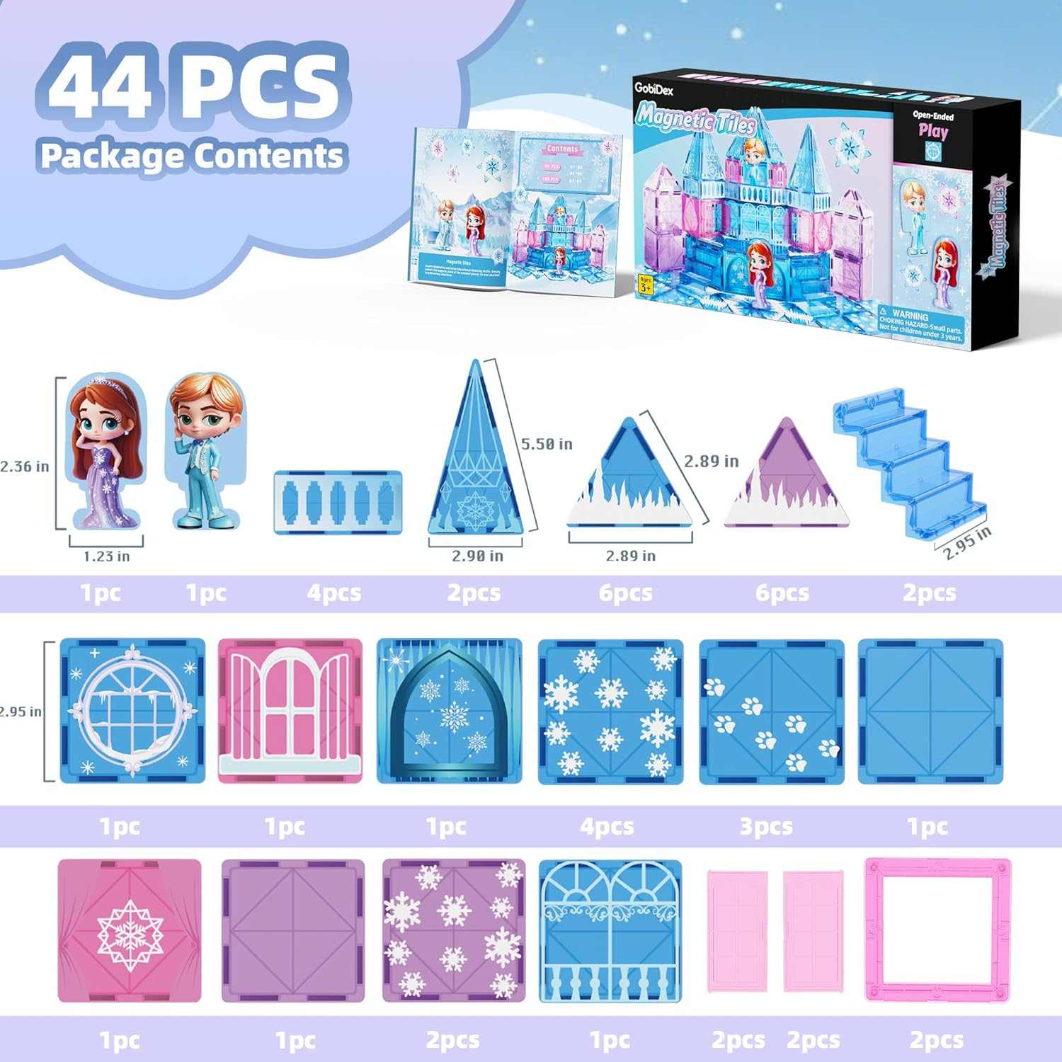 Magnetic tiles princess castle 44-piece STEM building set with dolls, stairs, and snowflake tiles for girls