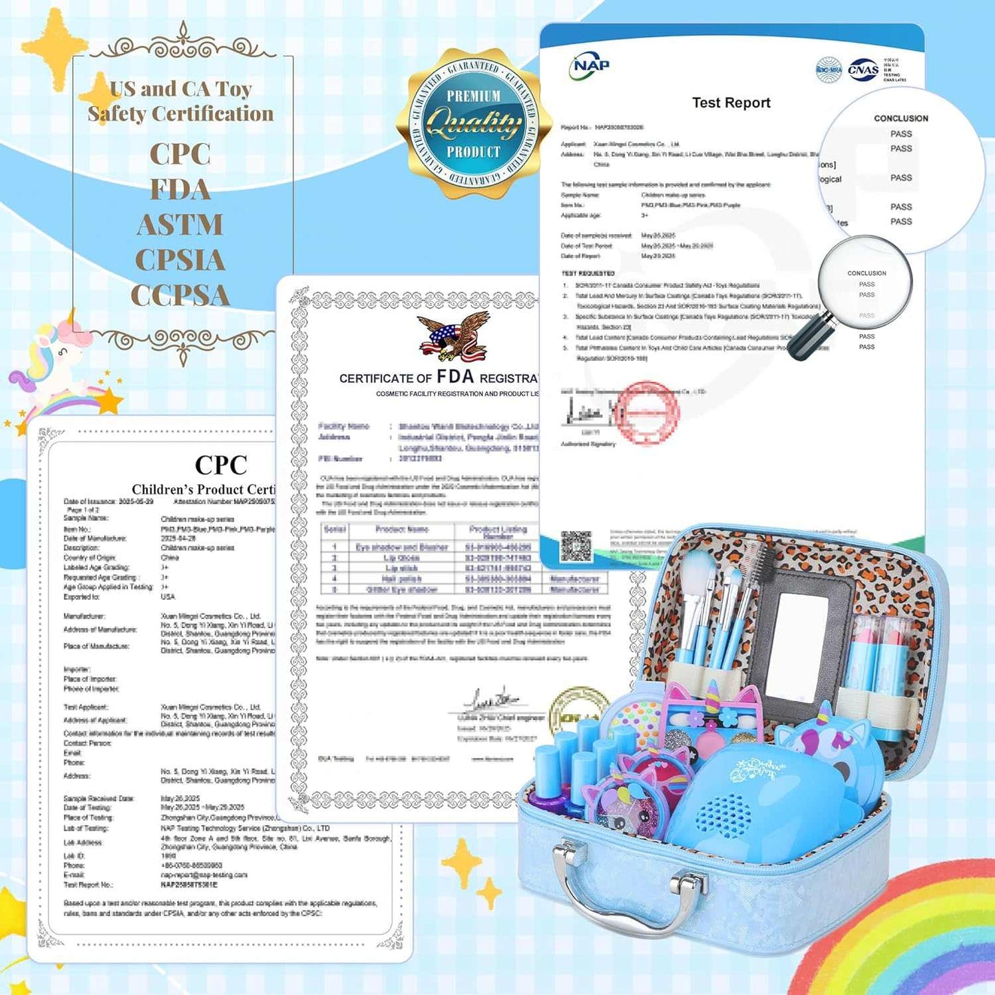 Kids Makeup Kit 42-piece washable makeup and nail set for girls ages 3-12 with accessories and mini nail dryer