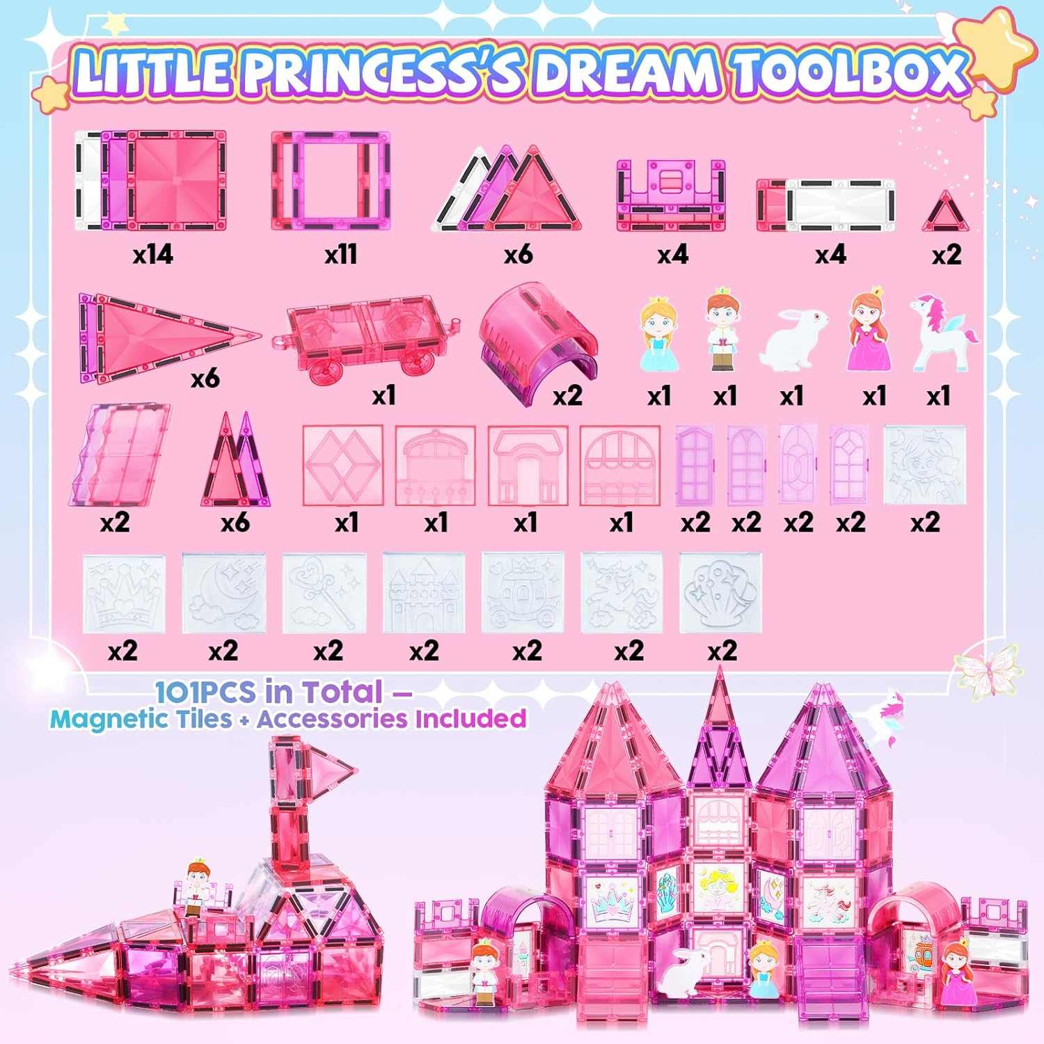 Strawberry Princess Castle 101 piece magnetic tiles building set for girls ages 3-8 with pink castle, carriage, princess characters, and accessories