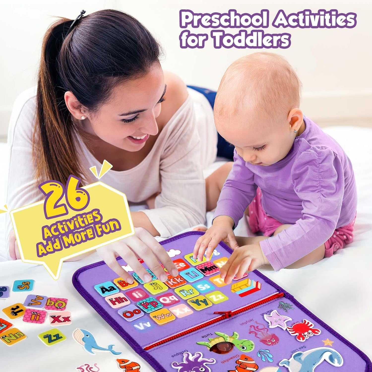 Woman and baby playing with a educational toy for toddlers