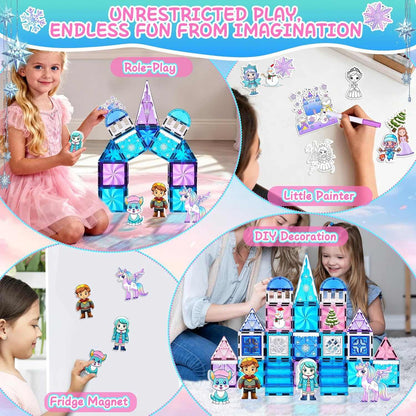 Magnetic Tiles Frozen Unicorn Castle STEM creative building set with colorful magnetic tiles and dolls