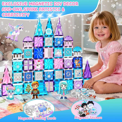 Magnetic Tiles Frozen Unicorn Castle STEM creative building set with colorful sparkling tiles and magnetic dolls