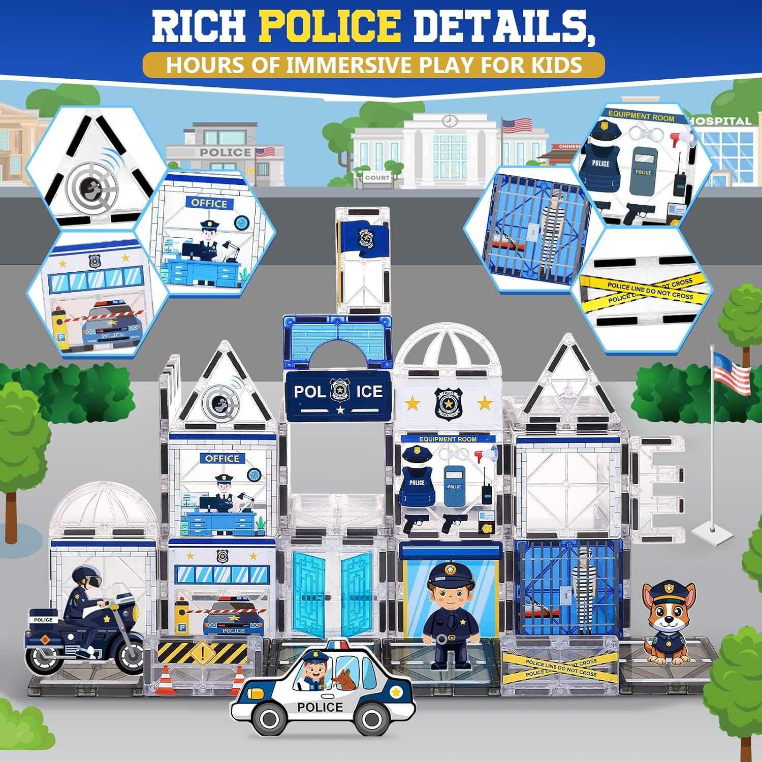 Children playing with colorful Military Magnetic Tiles, building police stations and military bases for creative hero roleplay