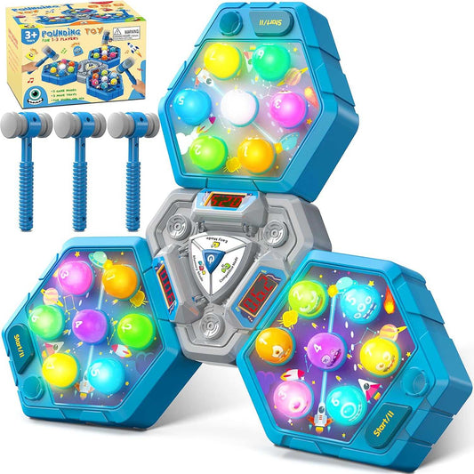 Whack A Mole Toy three-player interactive game with hammers and score trackers for kids family fun