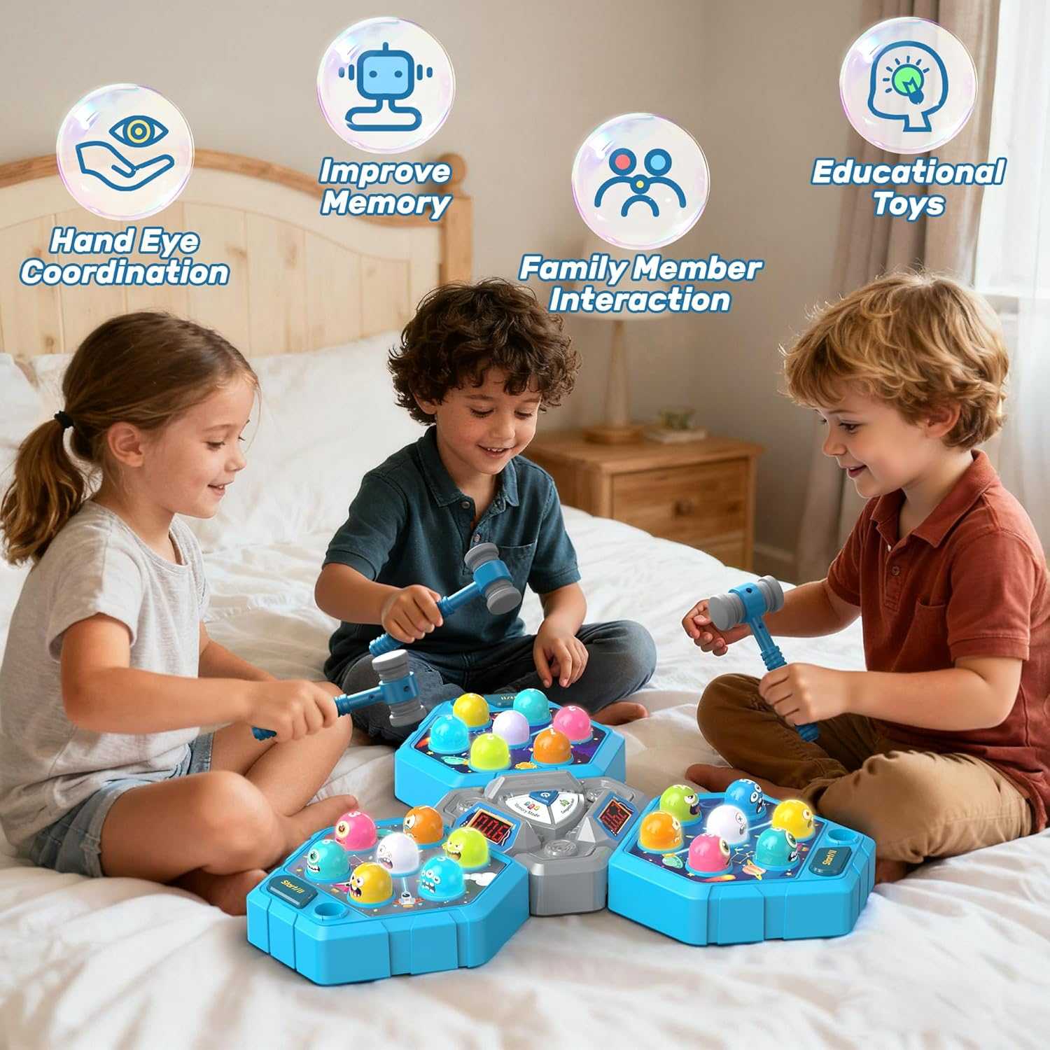 Whack A Mole Toy 3 player interactive family game with hammers and score trackers