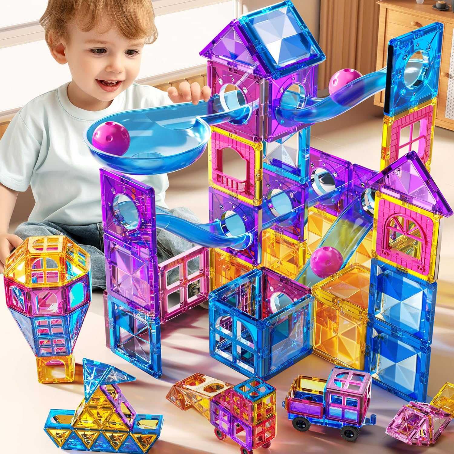 Magnetic Tiles Marble Run 50-piece STEM building set with colorful magnetic tiles and marble tracks for creative kids play