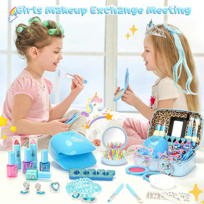 Kids makeup kit with 42 washable pieces including makeup, nail polish, accessories, and mini nail dryer for girls ages 3-12