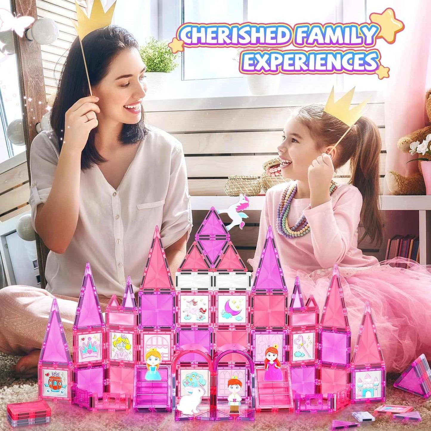 Mother and daughter playing with Strawberry Princess Castle pink magnetic tile building set indoors