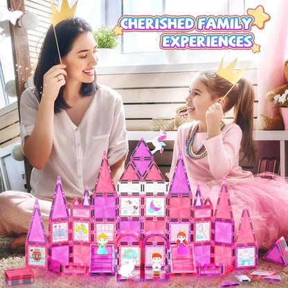 Mother and daughter playing with Strawberry Princess Castle pink magnetic tile building set indoors