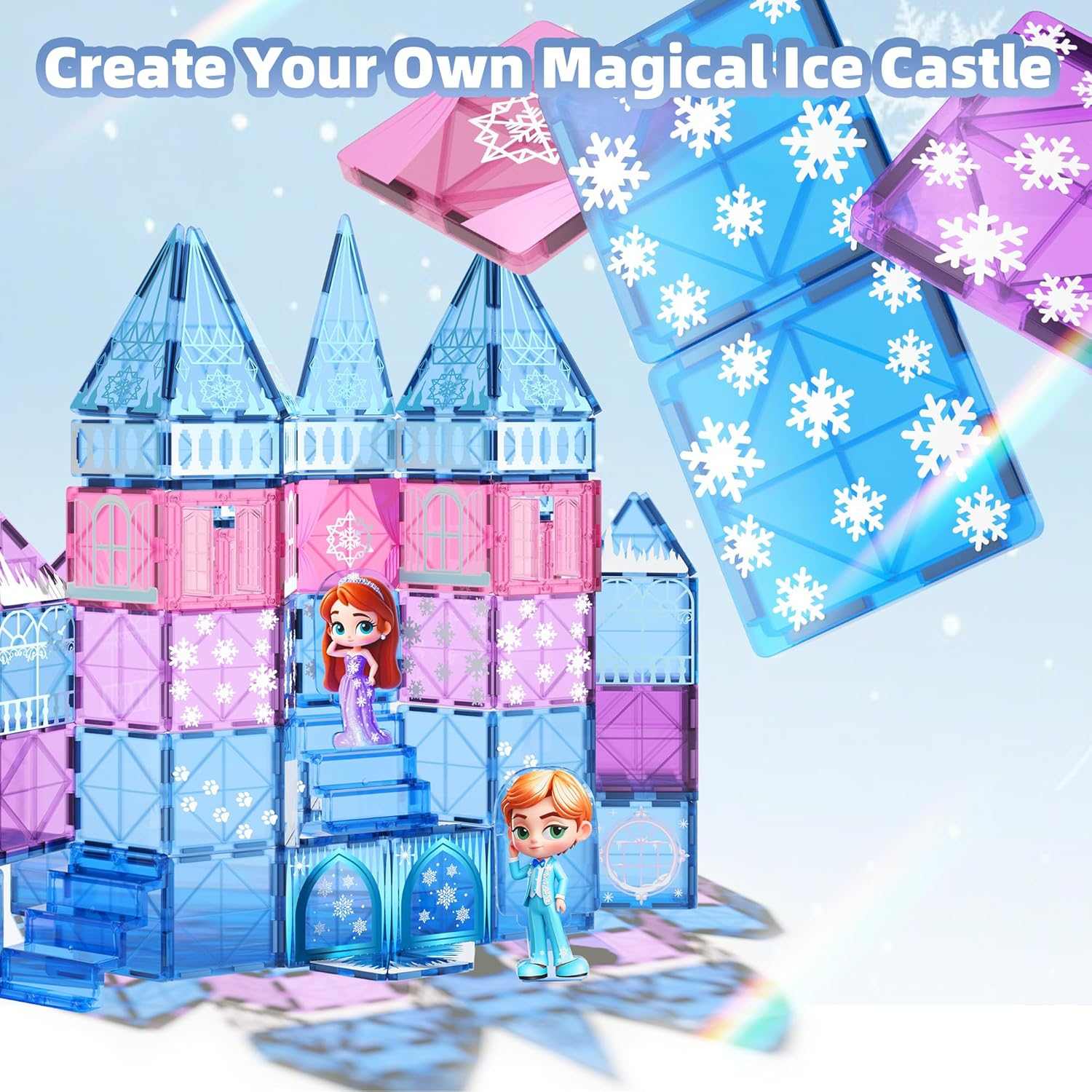 Magnetic tiles princess castle 44-piece STEM building set with princess dolls and winter-themed tiles for creative play