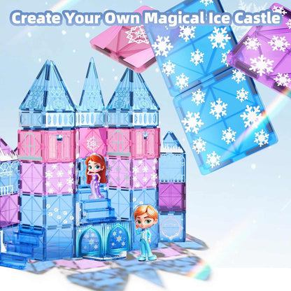 Magnetic tiles princess castle 44-piece STEM building set with princess dolls and winter-themed tiles for creative play