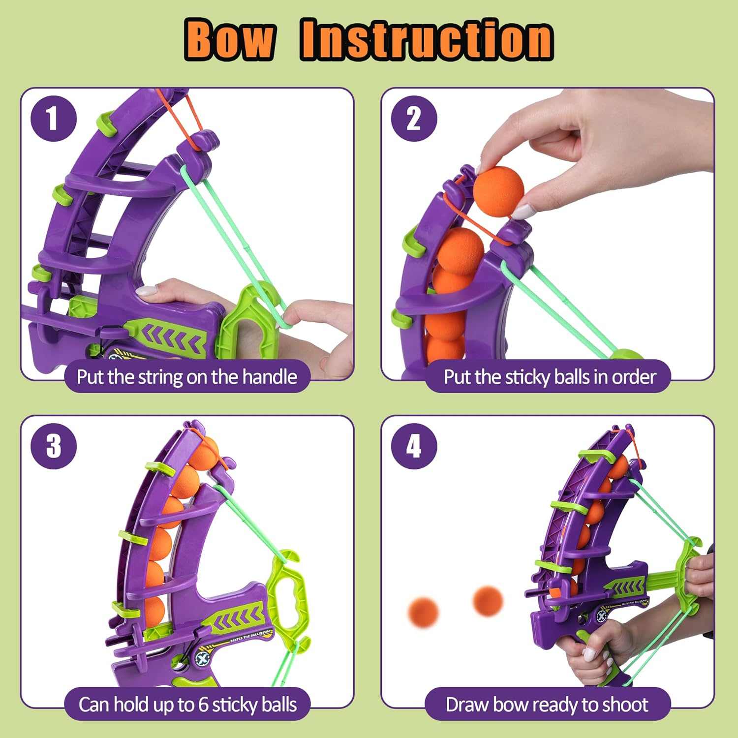 Kids Archery Toy Set purple and green bow with sticky orange balls showing assembly instructions