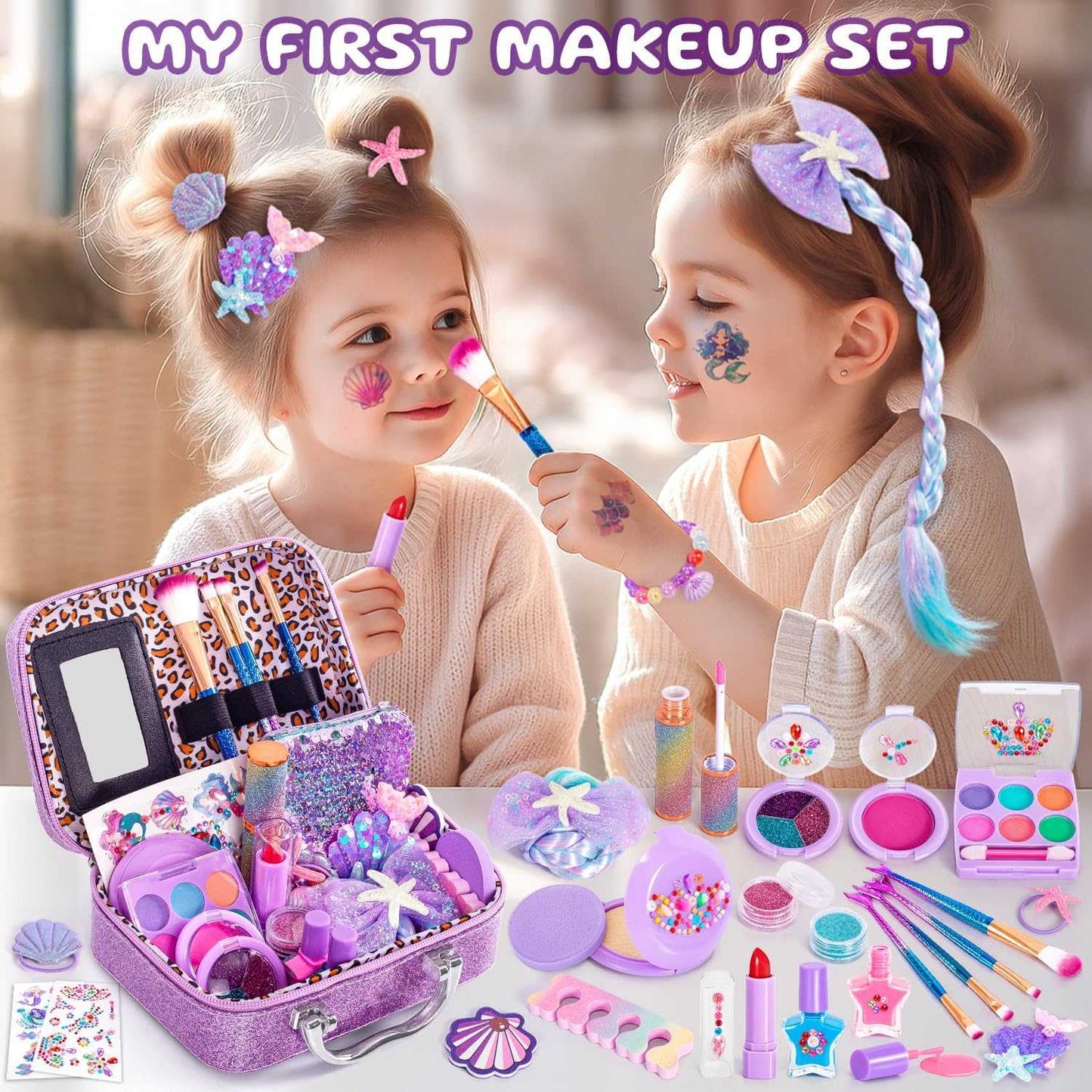 Kids makeup kit mermaid theme washable cosmetic set for girls ages 3 to 12 in sparkly purple case with 26 pieces