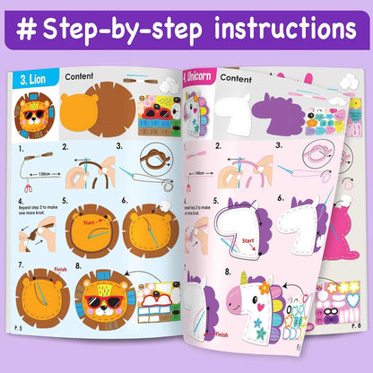 Sewing Kit for Kids with 8 felt animal and fairy projects, colorful threads, blunt needle, and decorative stickers for ages 4 to 8