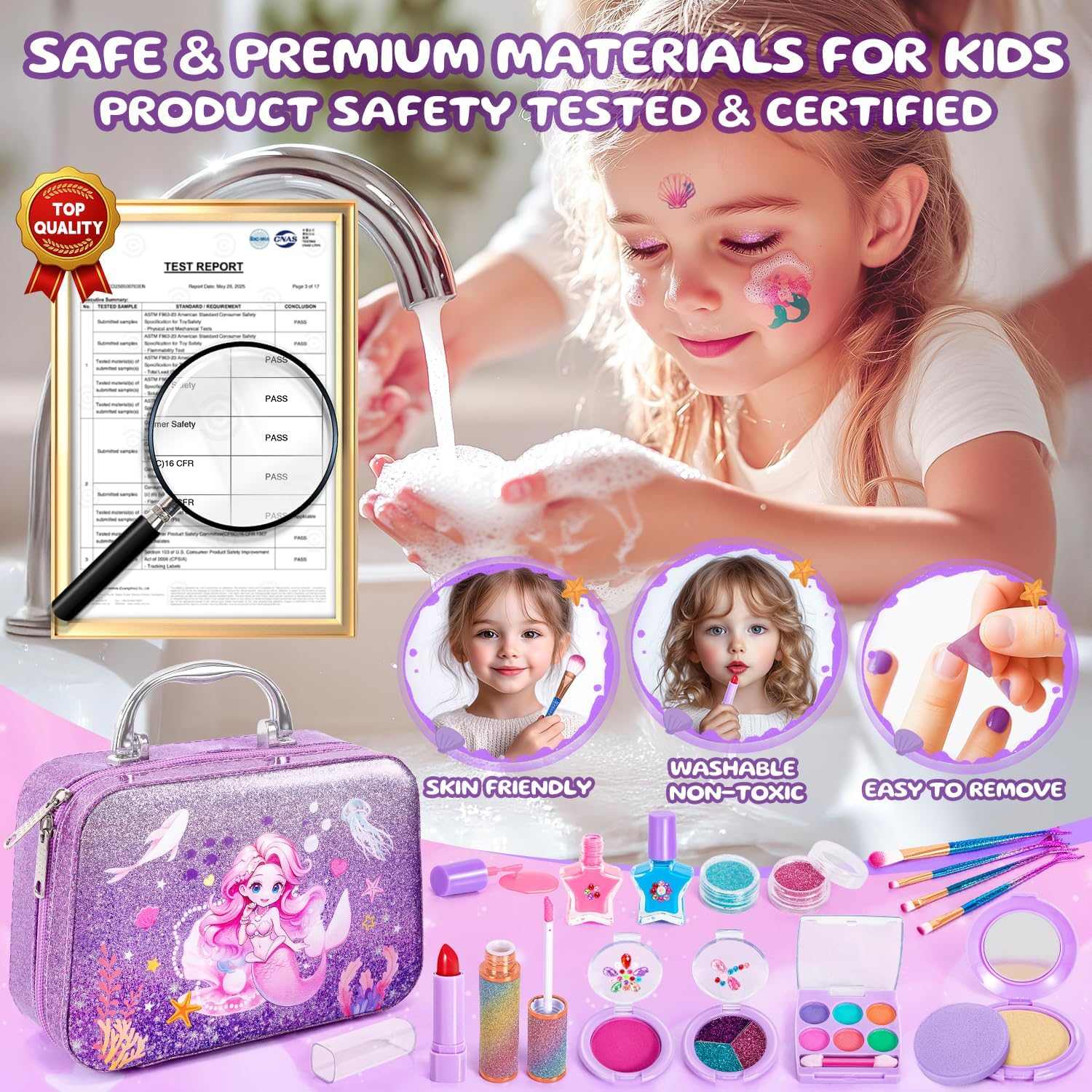 Kids makeup kit mermaid 26 piece washable cosmetic set for girls with purple case and accessories
