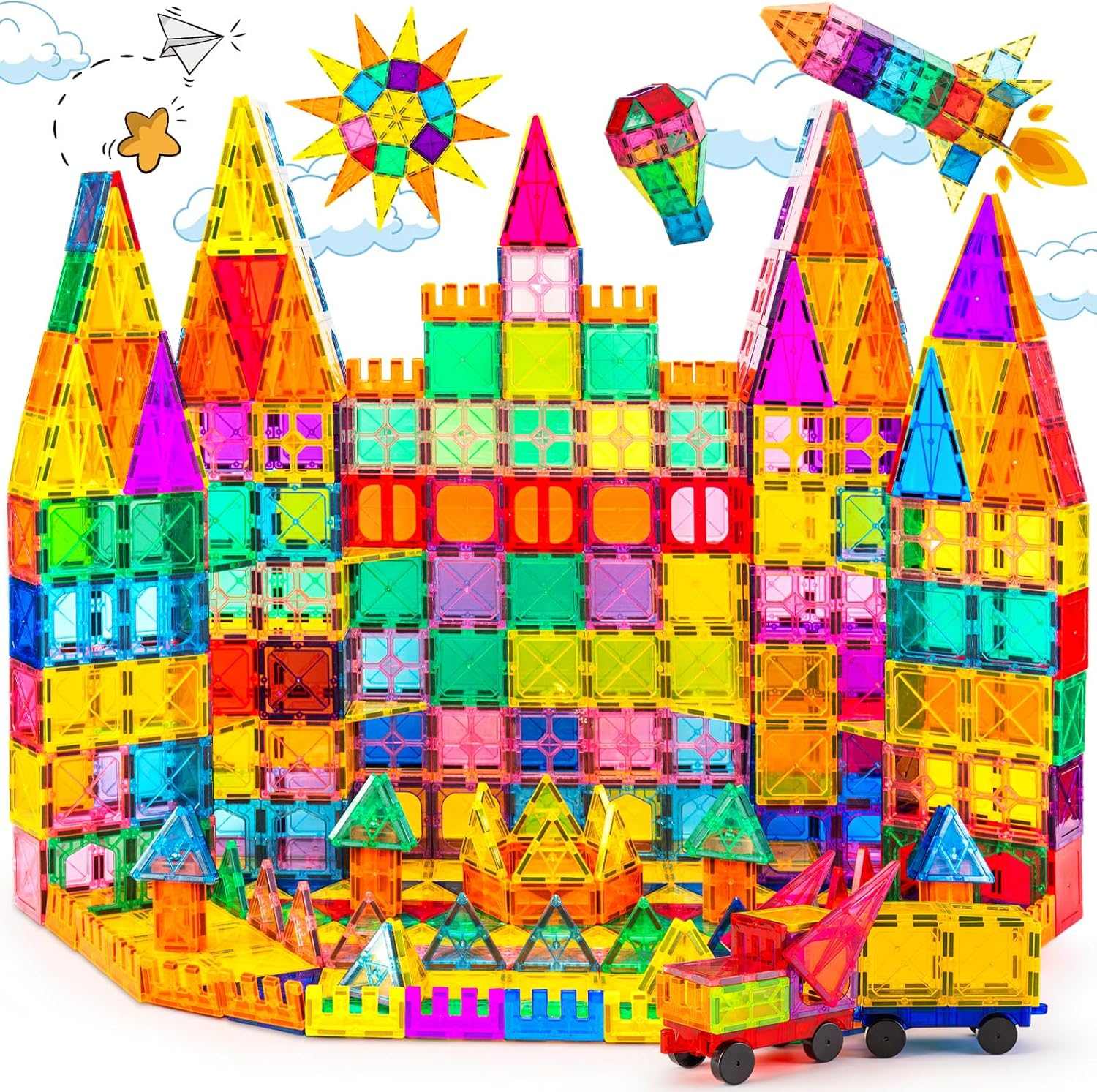 Colorful 3D castle and vehicles built with 100PCS Magnetic Tiles STEM construction set for kids