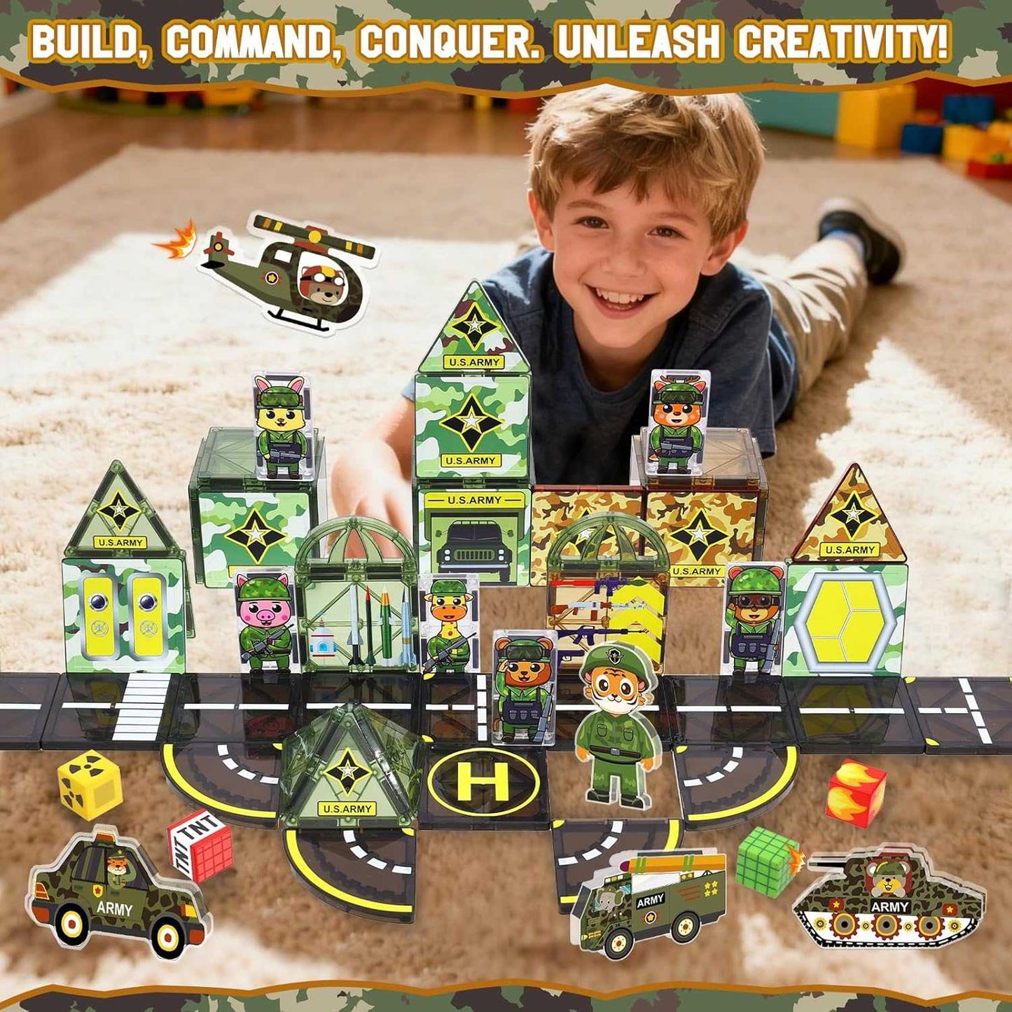 Military magnetic tiles set with police station, vehicles, and figures for creative building and hero roleplay