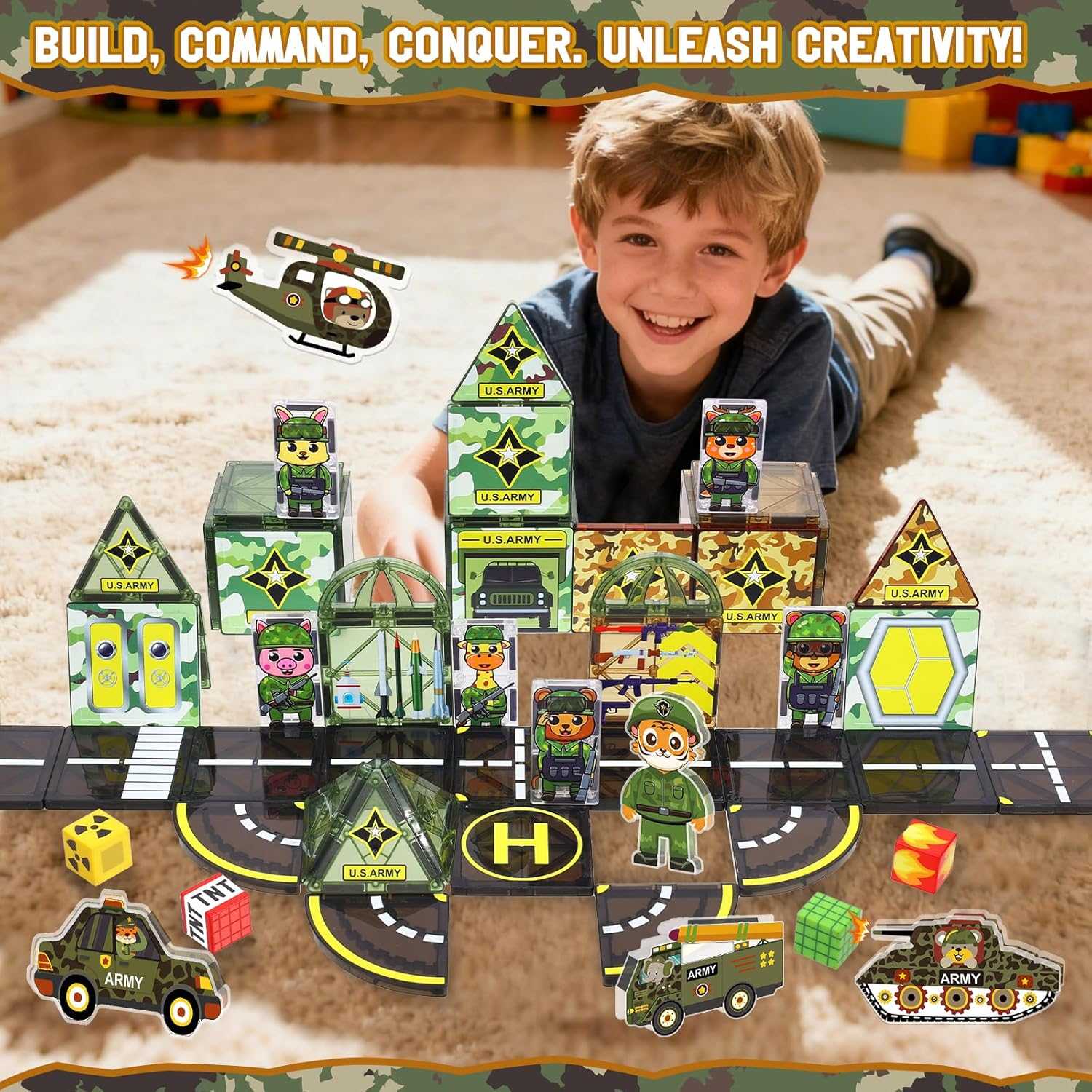 Military magnetic tiles set with police station, vehicles, and figures for creative building and hero roleplay