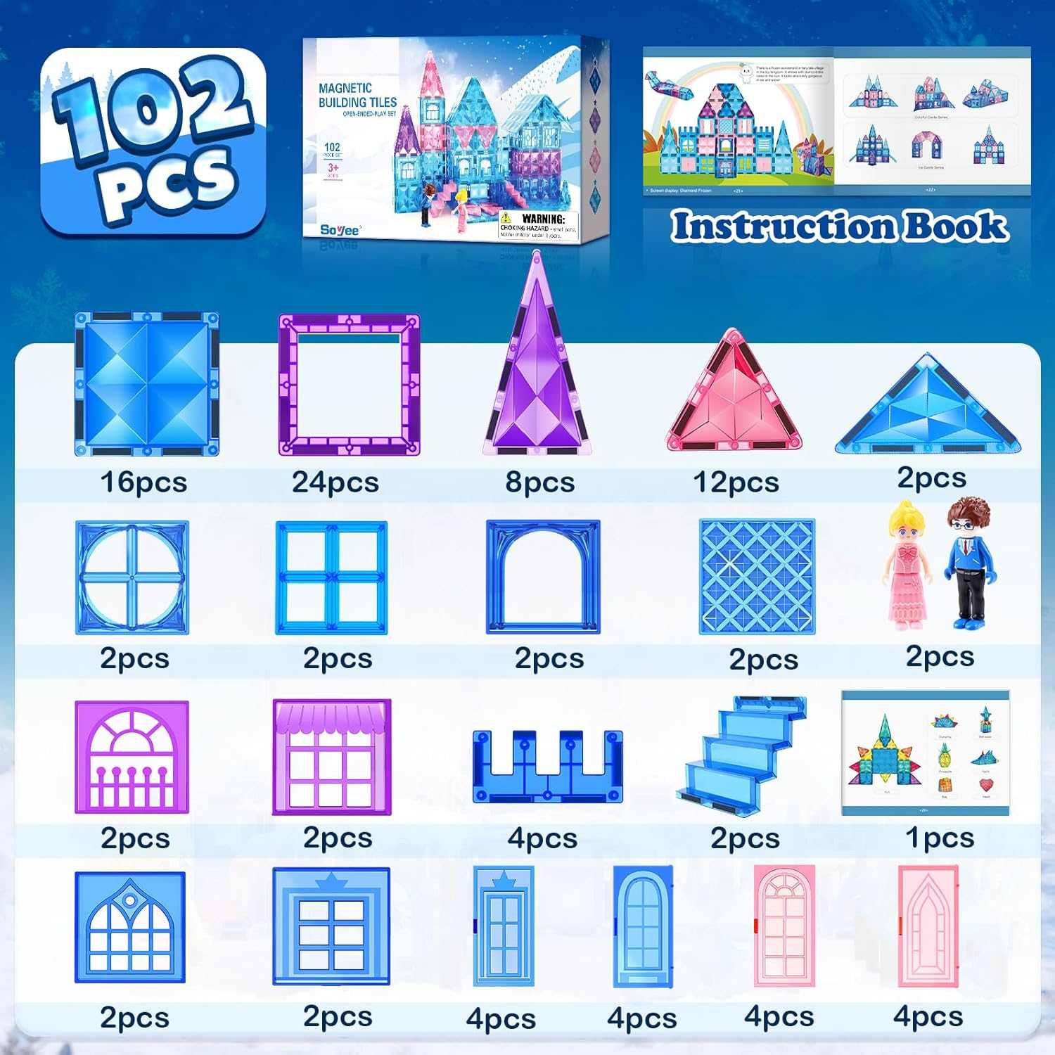 Magnetic Princess Castle Tiles 102-piece ice-themed building set for kids 3 to 8 years with magnetic blocks, stairs, dolls, windows, and doors for creative castle play and STEM learning