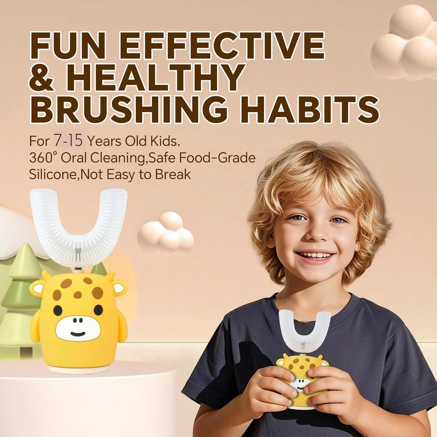 Kids u shaped electric toothbrush for ages 7 to 15 with timer and waterproof sonic cleaning