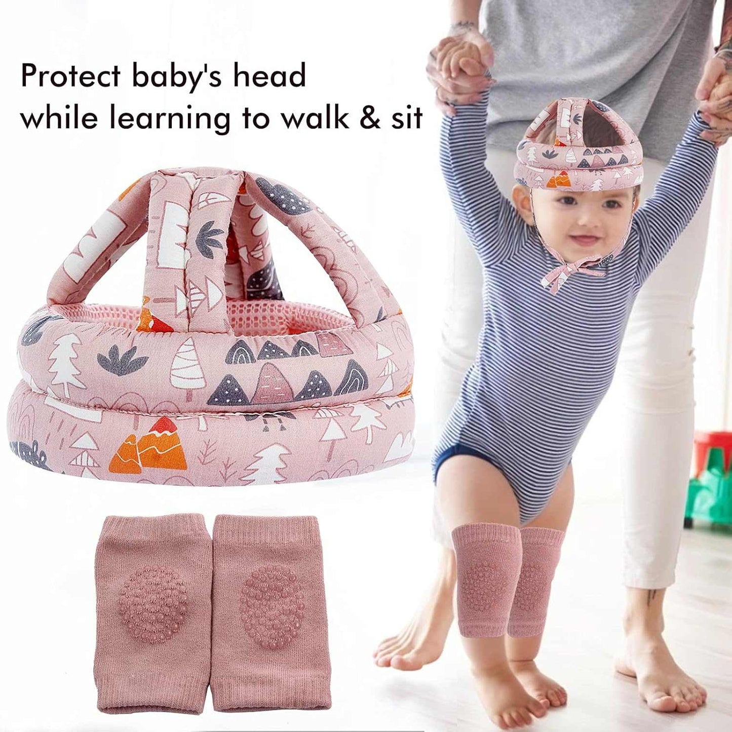 Baby safety helmet pink forest set with two knee pads protecting baby learning to walk and sit