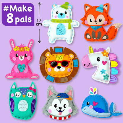 Sewing Kit for Kids with 8 animal and fairy felt projects, colorful threads, blunt needle, and decorative stickers for ages 4-8