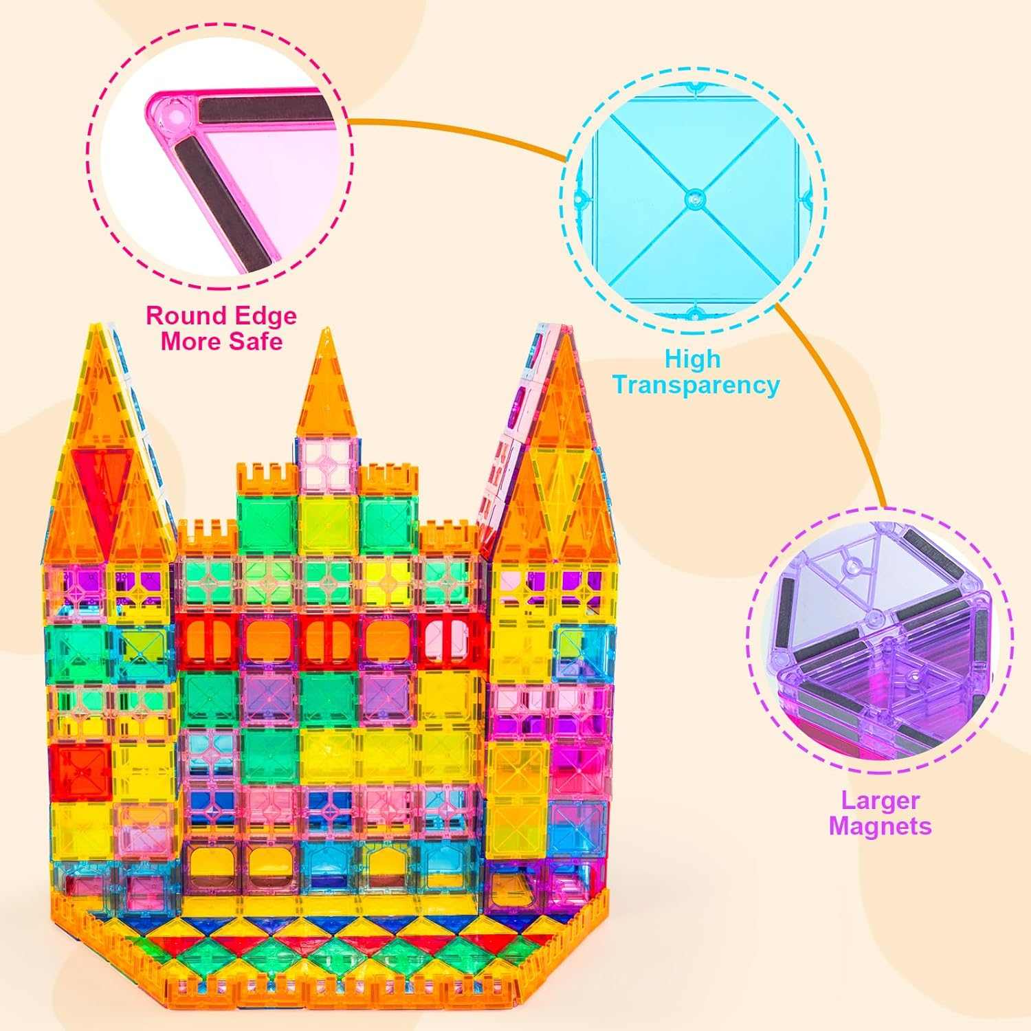 Colorful magnetic building block castle with safety features highlighted on a beige background
