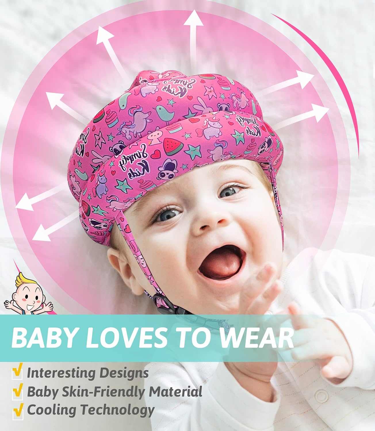Baby wearing a pink helmet with cartoon designs on a white background
