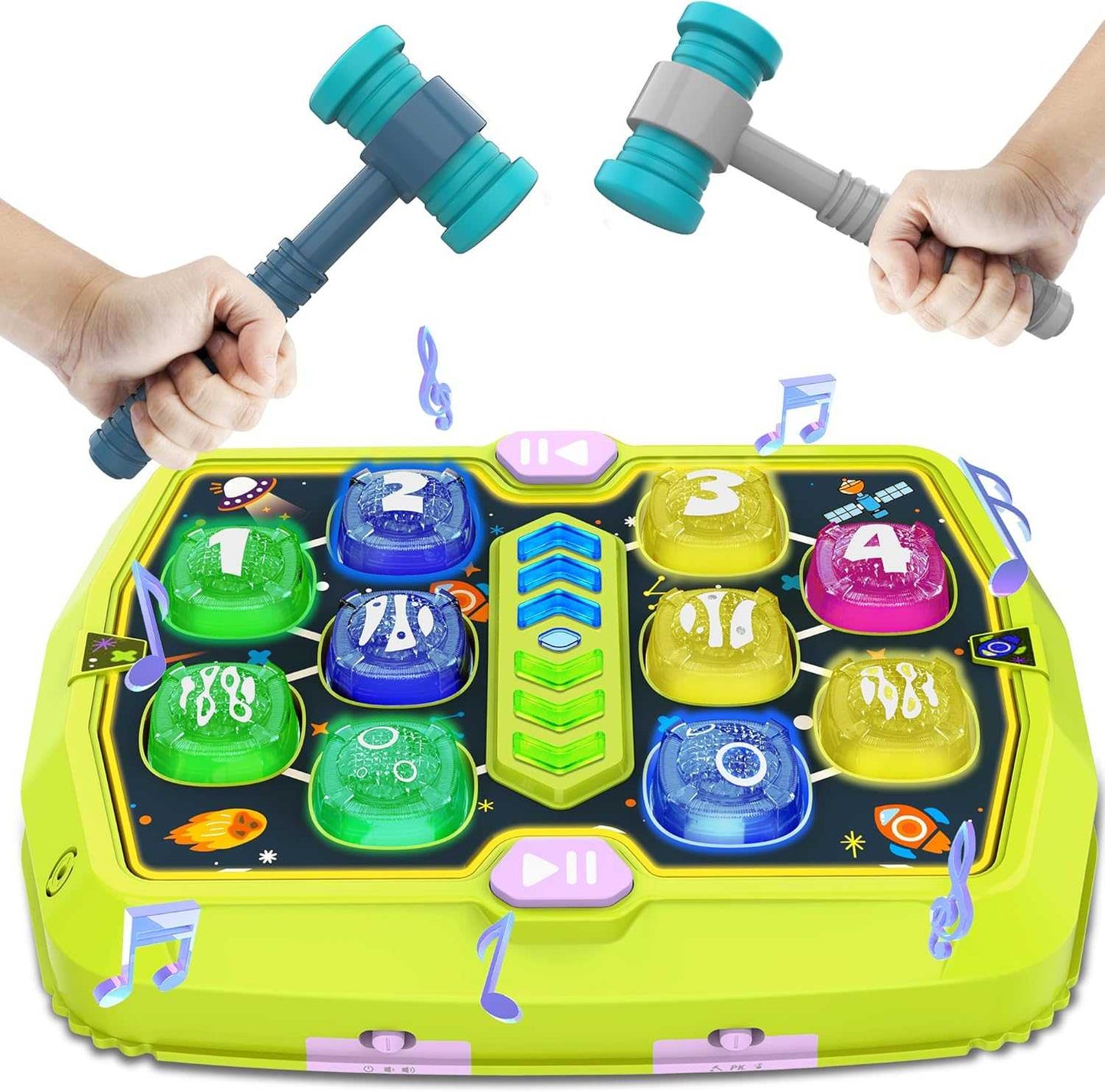 Whack Mole Game Toy with colorful light targets and soft hammers for interactive pounding play