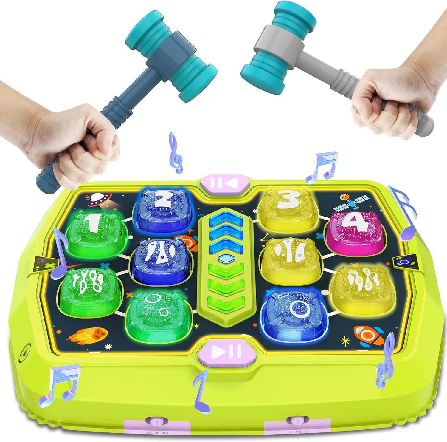 Whack Mole Game Toy with colorful light targets and soft hammers for interactive pounding play