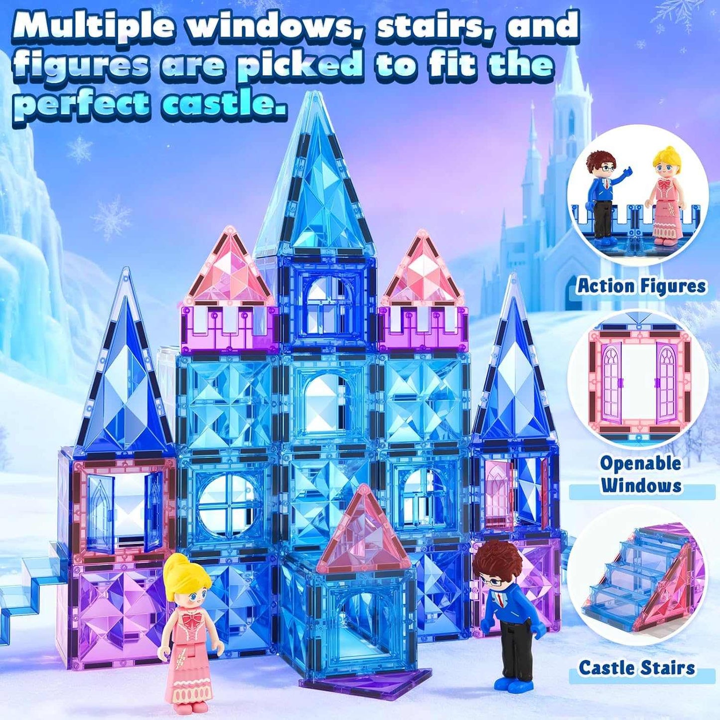 Colorful Magnetic Princess Castle Tiles 102 piece ice-themed building set for kids 3 to 8 years
