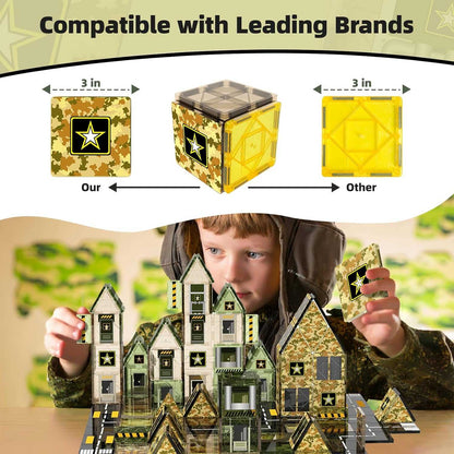 Child playing with a toy set, comparing 'Our' brand to 'Other' brand cubes.