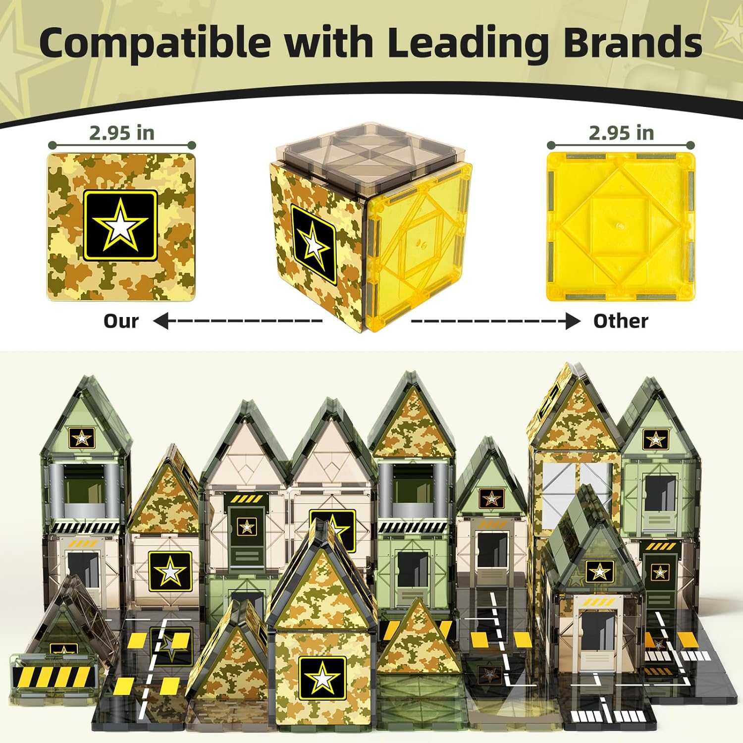 Toy building set with camouflage design, compatible with leading brands, on a light beige background.