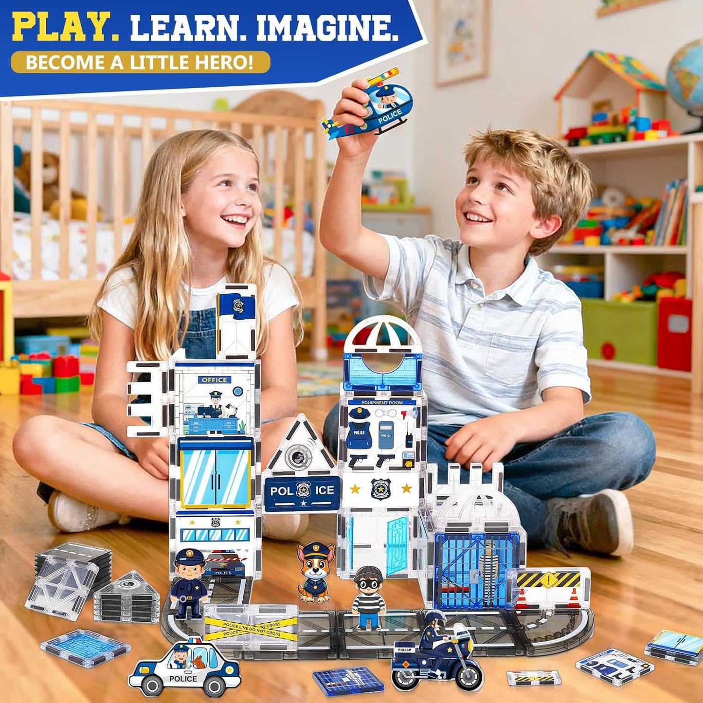 Children playing with Military Magnetic Tiles building police and military adventure scenes