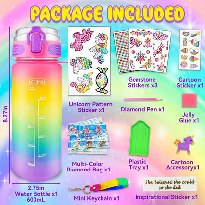 DIY Water Bottle Kit for kids with colorful themed accessories and fidget keychain craft project