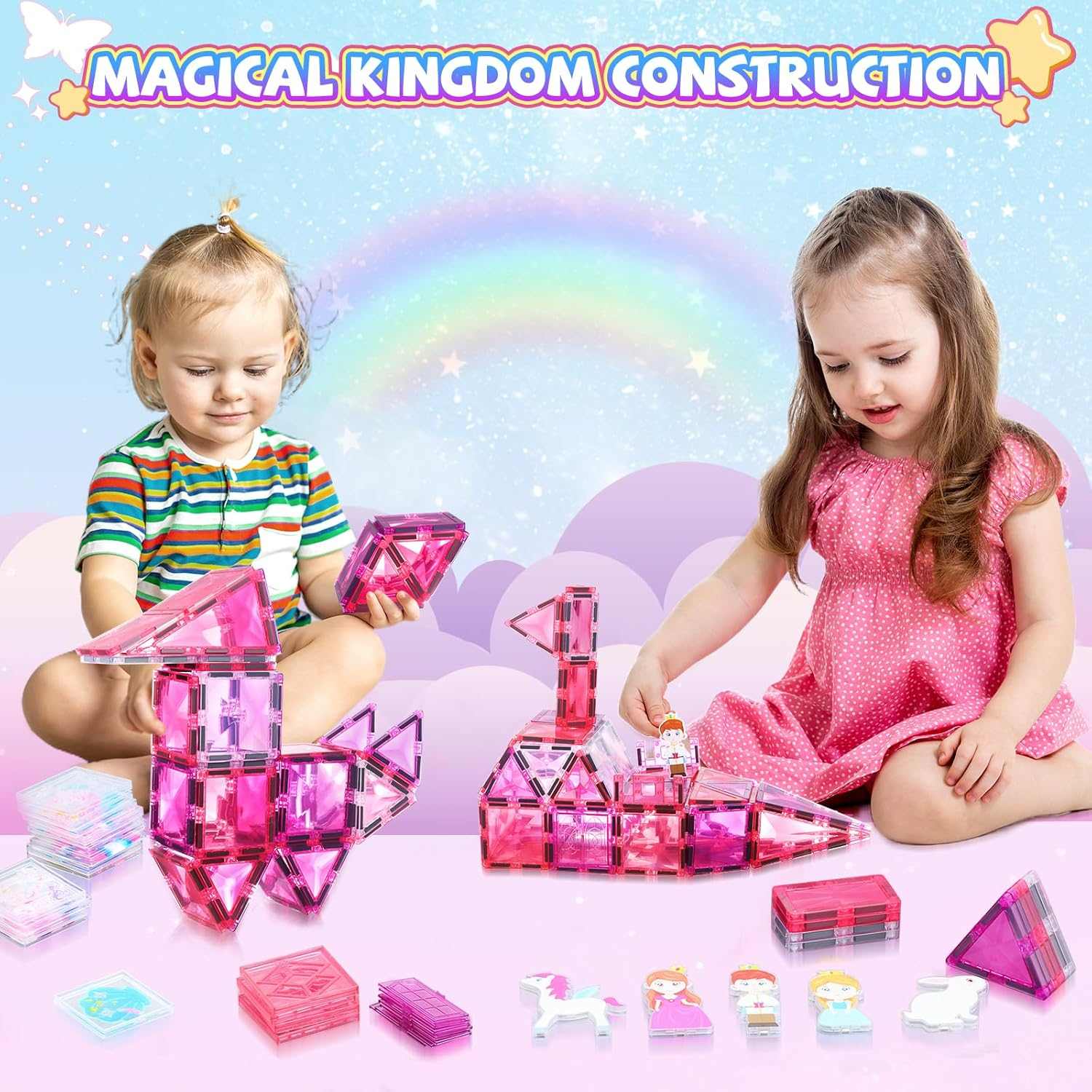 Two young girls playing with pink Strawberry Princess Castle magnetic tiles building set with princess figures and accessories