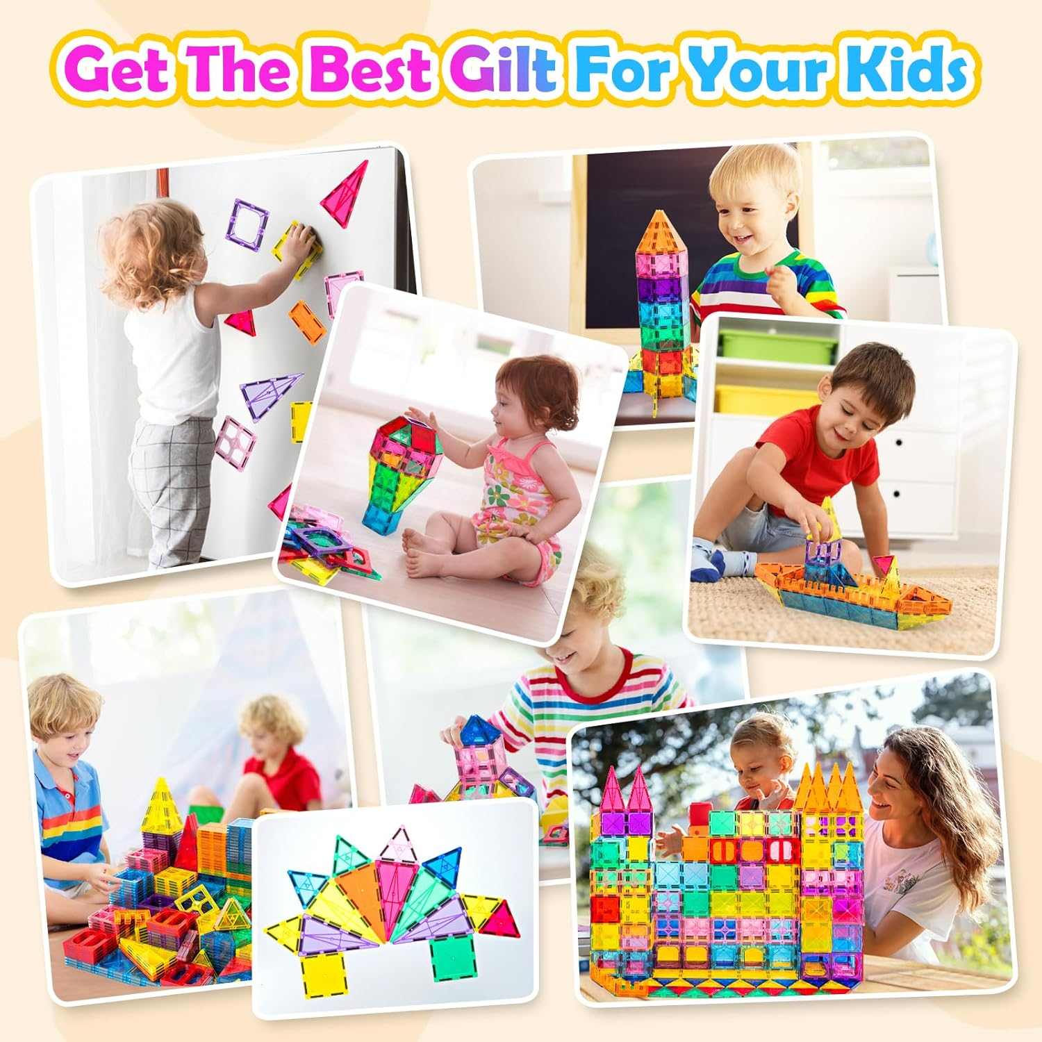 Collage of children playing with colorful building blocks, promoting the best gifts for kids.