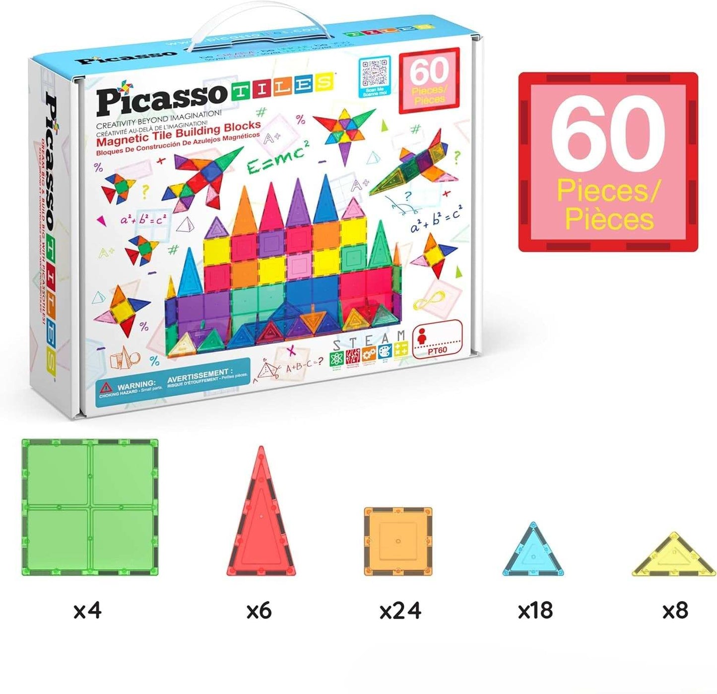 Magnetic Building Tiles for Kids 60-piece colorful STEM construction set with multiple geometric shapes