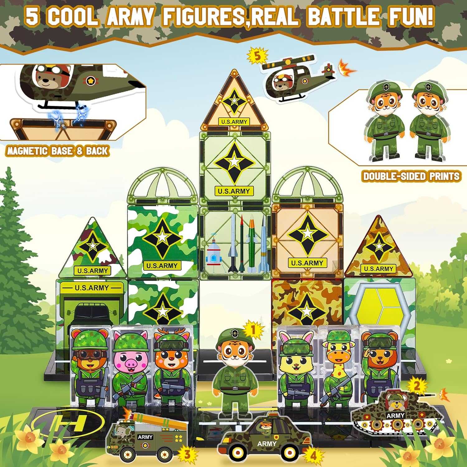 Military magnetic tiles set with vehicles, figures, and buildings for creative hero roleplay and STEM play
