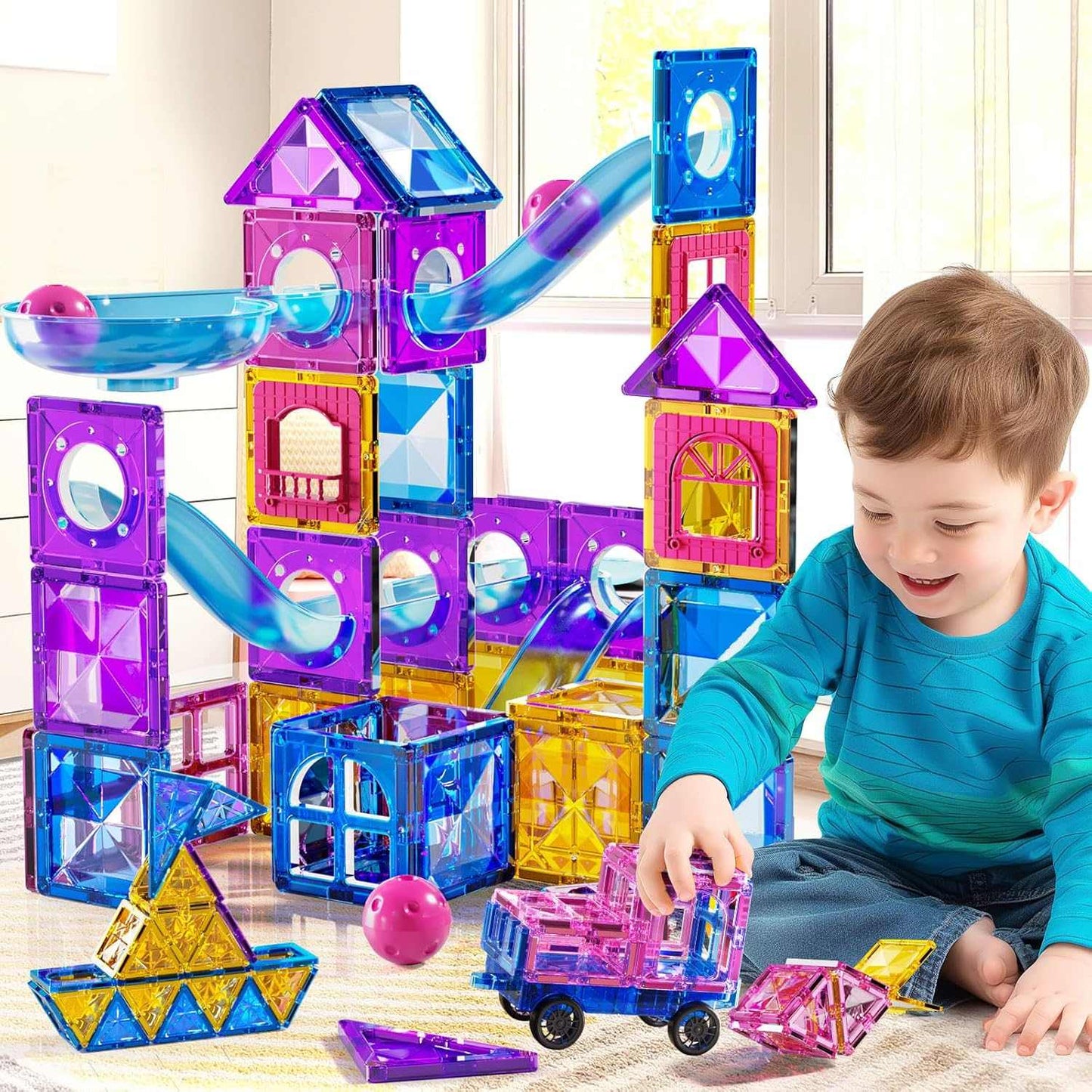 Magnetic Tiles Marble Run 50 piece STEM building set with colorful magnetic tiles and marble track for kids ages 3-8