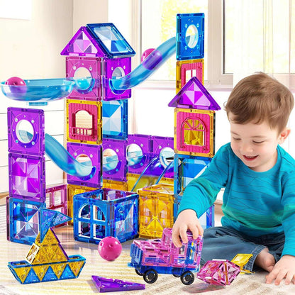 Magnetic Tiles Marble Run 50 piece STEM building set with colorful magnetic tiles and marble track for kids ages 3-8