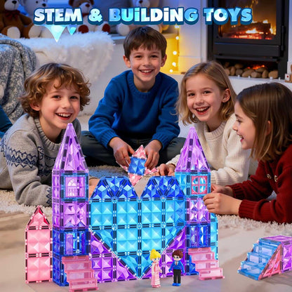 Magnetic Princess Castle Tiles 102 piece ice theme building set for kids ages 3 to 8 with magnetic blocks, stairs, dolls, windows, and doors for creative princess castle construction and STEM learning