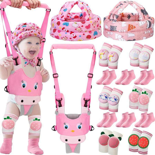 15 PCS baby safety helmet set in pink with chicken design, includes helmet, harness, knee pads, and socks for toddler protection